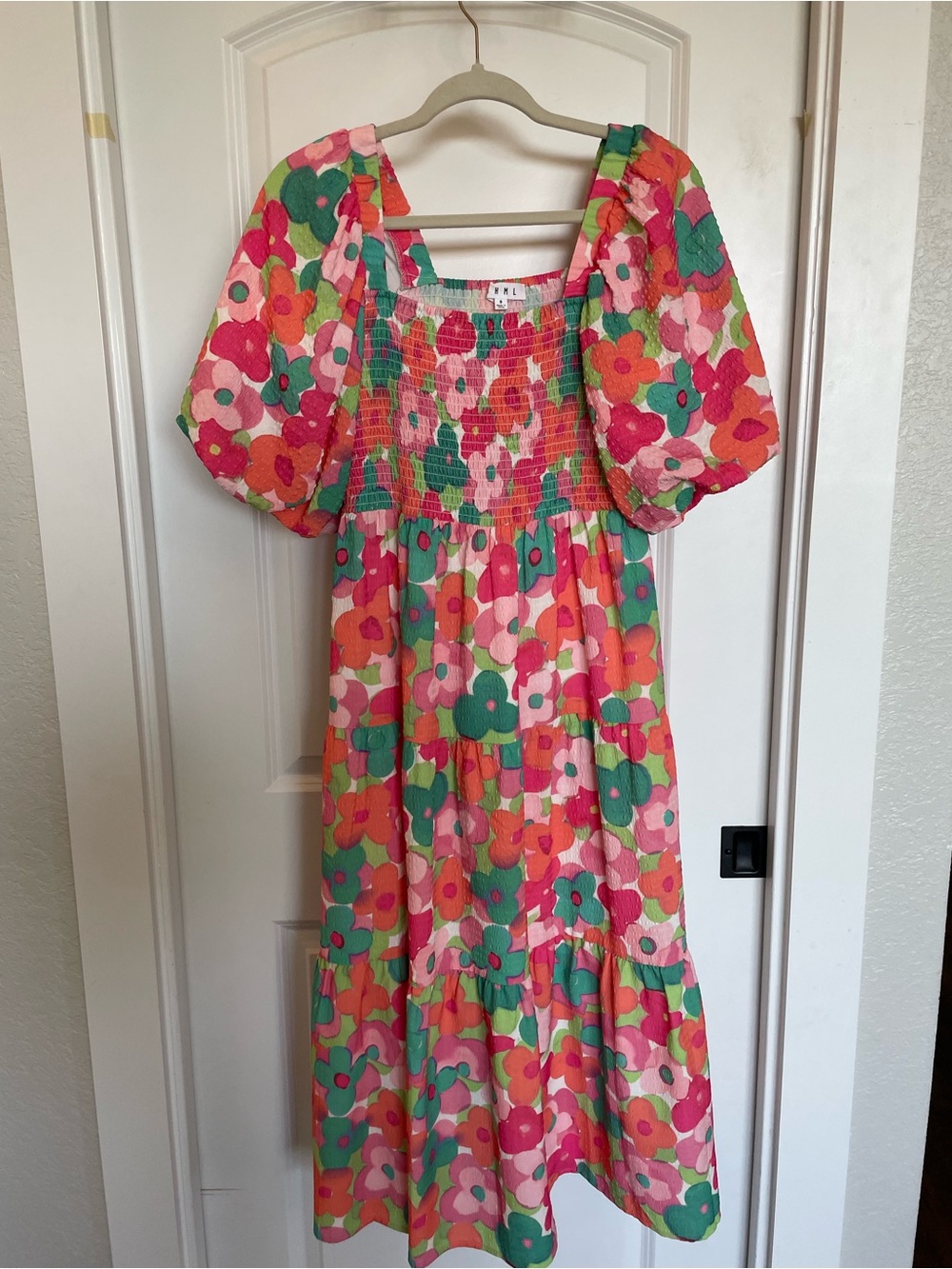 Floral Puff-Sleeve Dress in Pink & Green